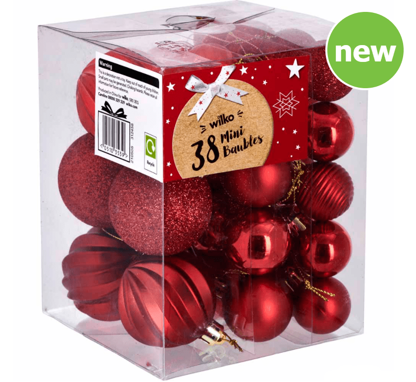 Wilko Cosy Red Mini Baubles 38 pack
